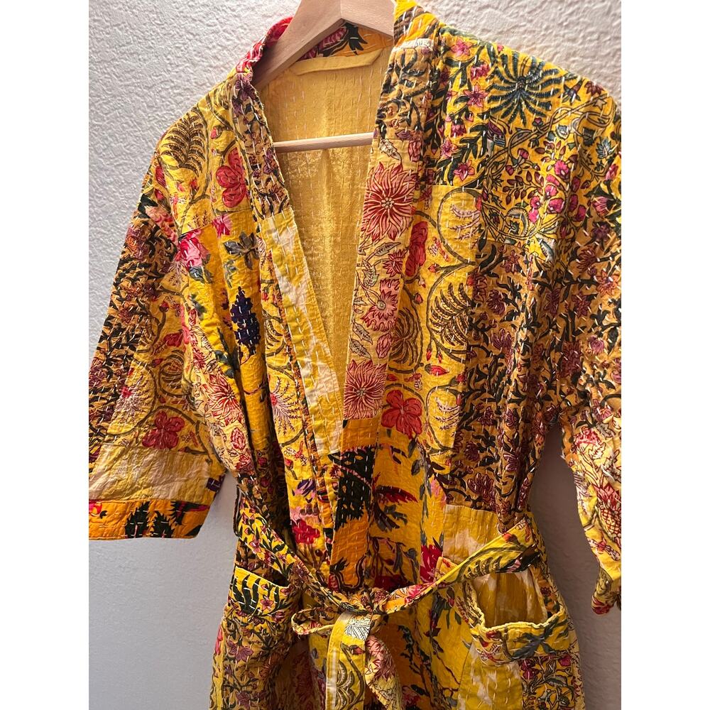 NEW Boho Patchwork Kantha 100% Cotton Robe Yellow Floral Quilted Kimono Belted - Picture 5 of 8